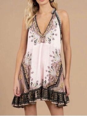 FREE PEOPLE Steal The Sun Tunic Dress Cream Combo Boho Halter Mini XS